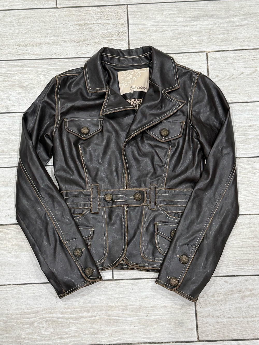 Vtg Refuge Dark Brown Faux Leather Jacket Sz M